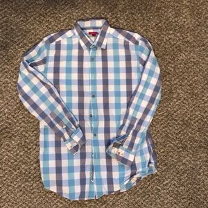 Alfani Blue and White Plaid Button-Down Slim Fit Shirt Size Medium